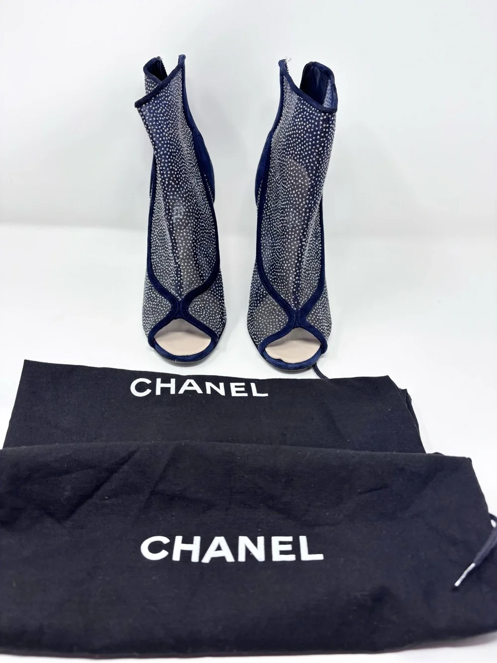 Chanel S/S 2011 Navy Blue Suede Mesh Crystal Ankle Boots Lucite Heel CC Logo 40